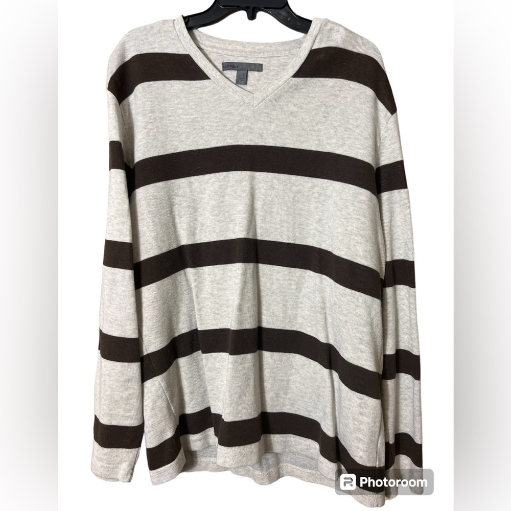 Old Navy V Neck Striped Long Sleeve Cotton Rugby Top‎ Size XL Brown Y2K Grunge